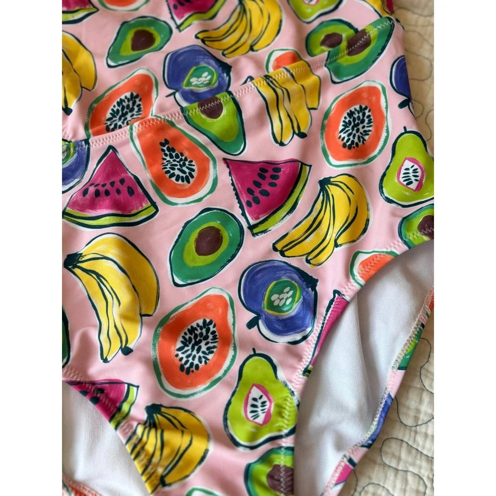Andy & Evan Girls Pink Tropical Fruit Print One Shoulder Cutout Swimsuit XL 16